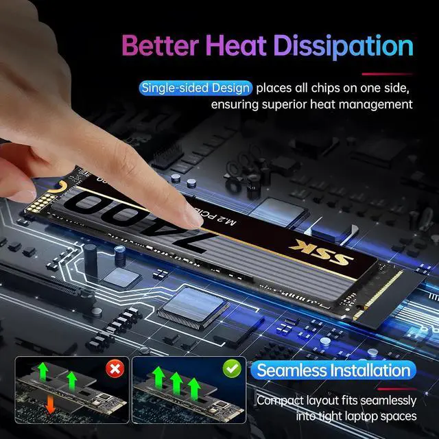 Alt view image 4 of 7 - M.2 NVMe SSD 1TB, PCIe Gen 4.0 x4 M.2 2280 SSD Card Up to 7400MB/s, NVMe 2.0 Internal Gaming Solid State Drive Support DRAM-Less Low Power Consumption, Trim, Graphene Heatsink Included