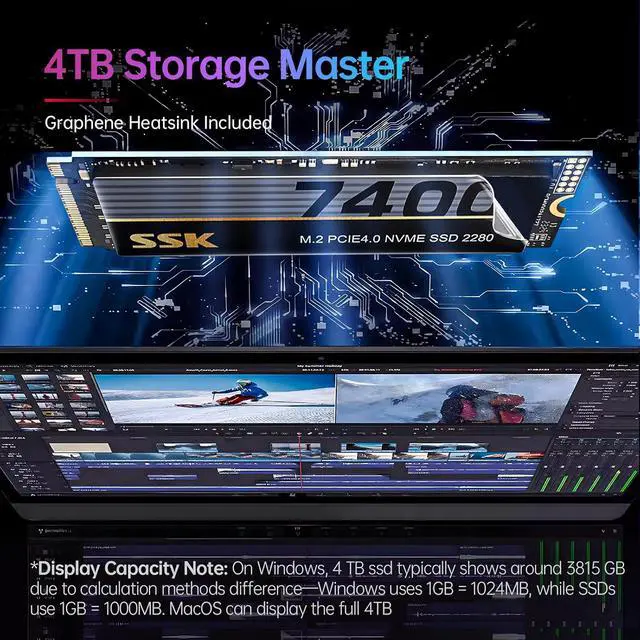 Alt view image 7 of 7 - M.2 NVMe SSD 4TB, PCIe Gen 4.0 x4 M.2 2280 SSD Card Up to 7400MB/s, NVMe 2.0 Internal Gaming Solid State Drive Support DRAM-Less Low Power Consumption, Trim, Graphene Heatsink Included