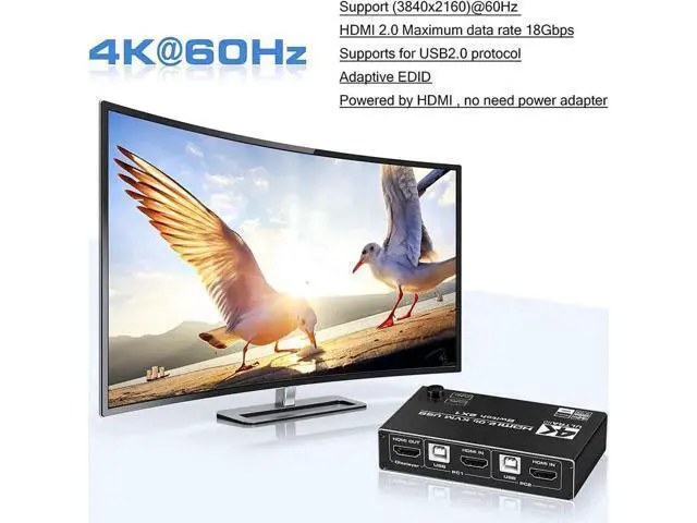 Alt view image 3 of 7 - HDMI KVM Switch, 4K@60Hz USB Switch 2x1 HDMI2.0 Ports + 3X USB KVM Ports, Share 2 Computers to one Monitor, Support Wireless Keyboard and Mouse, USB Disk, Printer, USB Camera (Included 2 USB Cable)