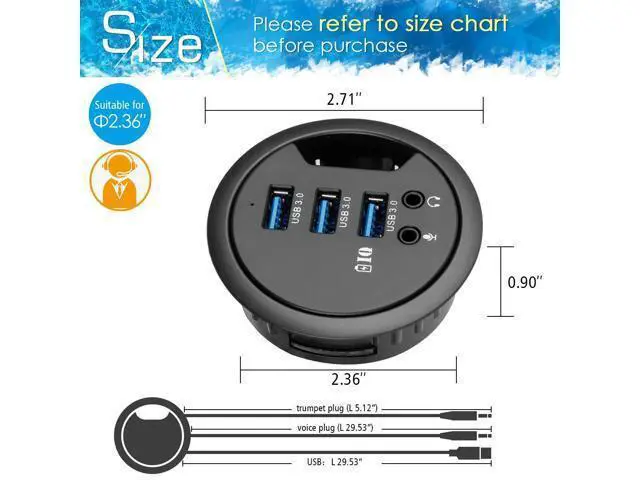 Alt view image 2 of 7 - Grommet Hole in Desk USB 3.0 3 Port Hub BC 1.2 USB Charger with 3.5mm Sound Card Mic Phone Jack, for iPhone/Smart Phones