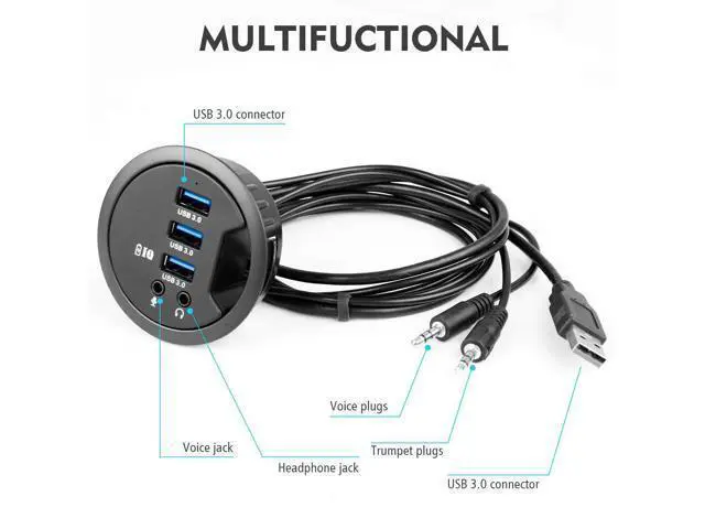 Alt view image 4 of 7 - Grommet Hole in Desk USB 3.0 3 Port Hub BC 1.2 USB Charger with 3.5mm Sound Card Mic Phone Jack, for iPhone/Smart Phones