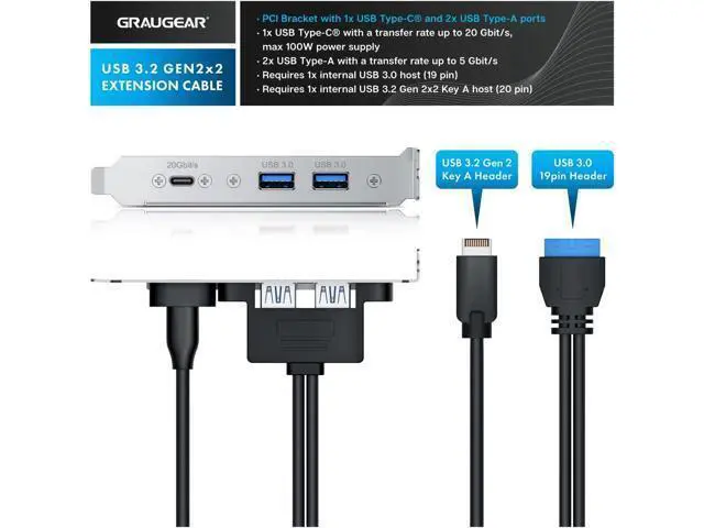Alt view image 2 of 7 - 20Gbps USB3.2 Gen2x2 USB-C Front Panel Adapter, Motherboard Header Extension Cable, USB-C and USB to USB3.2 Type-E Key-A 20-Pin and 19-Pin USB3.0 Connectors with PCIe Bracket