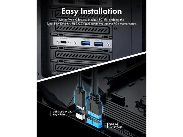 Alt view image 3 of 7 - 20Gbps USB3.2 Gen2x2 USB-C Front Panel Adapter, Motherboard Header Extension Cable, USB-C and USB to USB3.2 Type-E Key-A 20-Pin and 19-Pin USB3.0 Connectors with PCIe Bracket