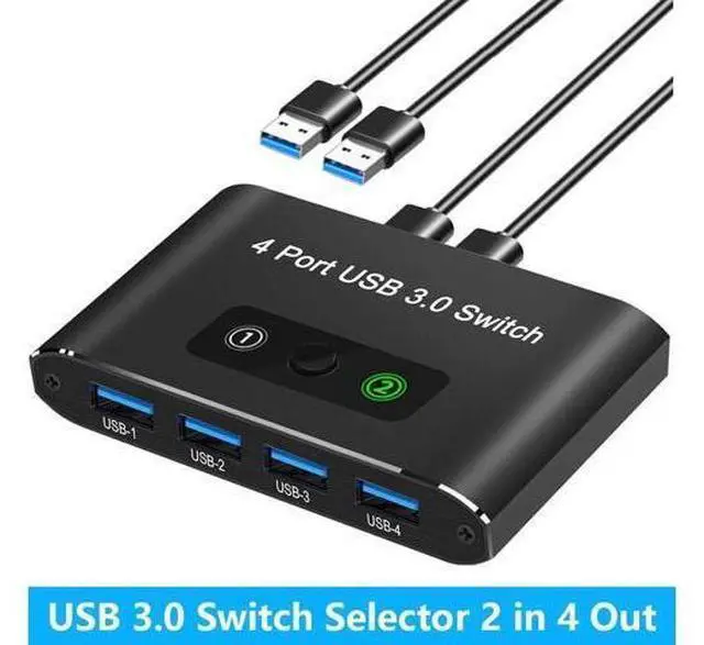 Main image of USB 3.0 Switch 2 in 4 Out, USB Switch Selector 2 Computers Sharing 4 USB Devices KVM Switcher Box for PC, Printer, Scanner, Mouse, Keyboard with 2 USB Cable, Compatible with Mac/Windows/Linux