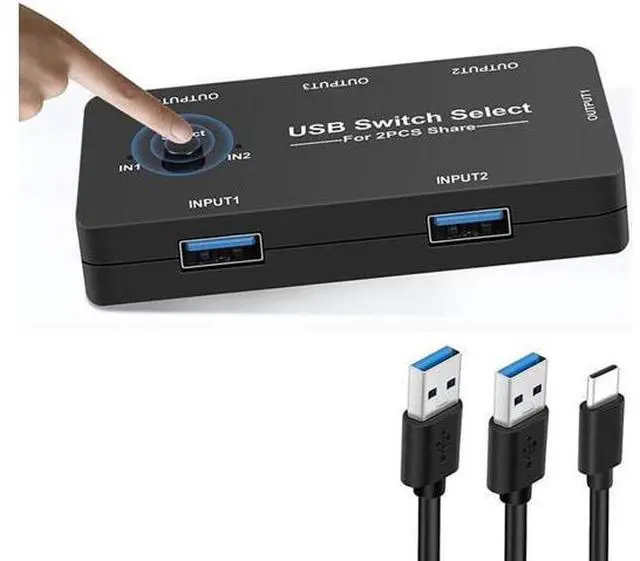 Main image of USB Switch Selector 2 Computers Sharing 4 USB Devices USB 2.0 Peripheral Switcher Box Hub for Keyboard, Mouse, Scanner, Printer, with One-Button Swapping and 2 USB Cables
