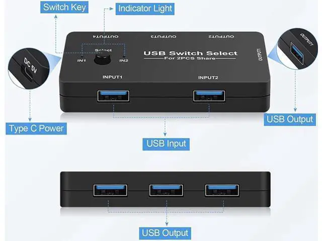 Alt view image 3 of 7 - USB Switch Selector 2 Computers Sharing 4 USB Devices USB 2.0 Peripheral Switcher Box Hub for Keyboard, Mouse, Scanner, Printer, with One-Button Swapping and 2 USB Cables