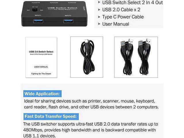 Alt view image 4 of 7 - USB Switch Selector 2 Computers Sharing 4 USB Devices USB 2.0 Peripheral Switcher Box Hub for Keyboard, Mouse, Scanner, Printer, with One-Button Swapping and 2 USB Cables