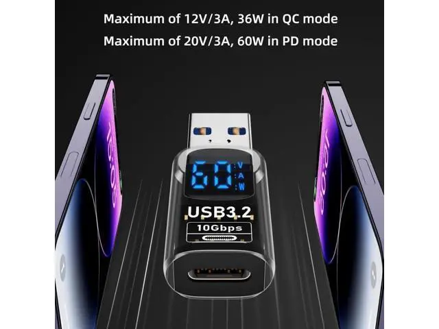 Alt view image 4 of 6 - 2 Pack USB to USB C Adapter with LED Display, USB C to USB 3.2 Adapter for iPhone 15/15 Plus/15 Pro/15 Pro Max, iPad Air/Pro, MacBook, Support Current, Voltage and Power Smart Display