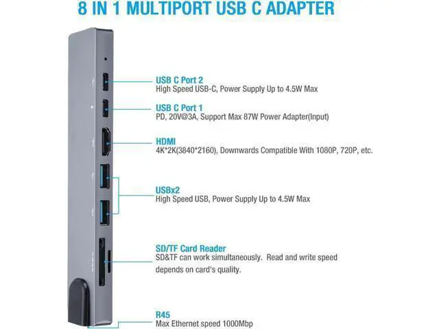 Alt view image 3 of 7 - 8 in 1 Multiport Type C To USB-C HDMI Adapter USB 3.0 Cable Hub For Macbook,sd card reader,Gray