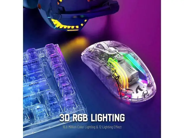 Alt view image 6 of 7 - Wireless Gaming Mouse, Tri-Mode Wireless Mouse-2.4Ghz/Bluetooth 5.0/USB C Wired, 5 Adjustable DPI, Ergonomic PC Gaming Mice with Transparent Shell-PAW Sensor-RGB Backlit-Silent Click for Win/MAC