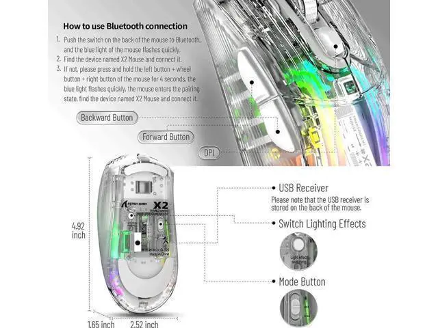 Alt view image 3 of 7 - Wireless Gaming Mouse, Tri-Mode Wireless Mouse-2.4Ghz/Bluetooth 5.0/USB C Wired, 5 Adjustable DPI, Ergonomic PC Gaming Mice with Transparent Shell-PAW Sensor-RGB Backlit-Silent Click for Win/MAC