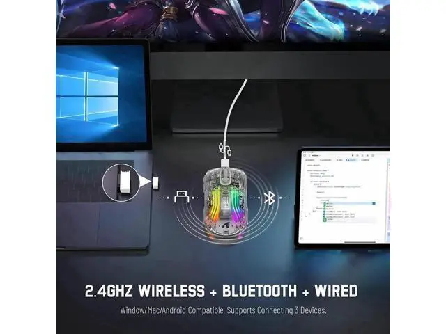 Alt view image 5 of 7 - Wireless Gaming Mouse, Tri-Mode Wireless Mouse-2.4Ghz/Bluetooth 5.0/USB C Wired, 5 Adjustable DPI, Ergonomic PC Gaming Mice with Transparent Shell-PAW Sensor-RGB Backlit-Silent Click for Win/MAC