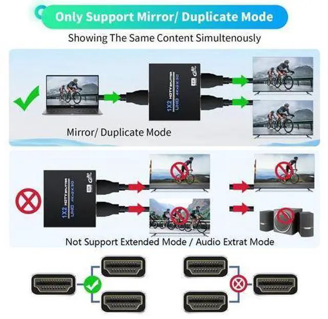 Alt view image 3 of 7 - HDMI Splitter 1 in 2 Out 4K, 1x2 Powered HDMI Multi-Port Adapter for Dual Monitor, Support 4K UltraHD 3D HDR, Duplicate/Mirror Screens, Ideal for Xbox Ps5 Ps4 Ps3 Fire Stick Blu-Ray Player HDTV