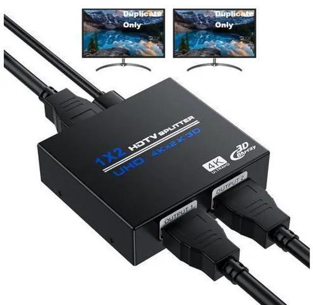 Main image of HDMI Splitter 1 in 2 Out 4K, 1x2 Powered HDMI Multi-Port Adapter for Dual Monitor, Support 4K UltraHD 3D HDR, Duplicate/Mirror Screens, Ideal for Xbox Ps5 Ps4 Ps3 Fire Stick Blu-Ray Player HDTV