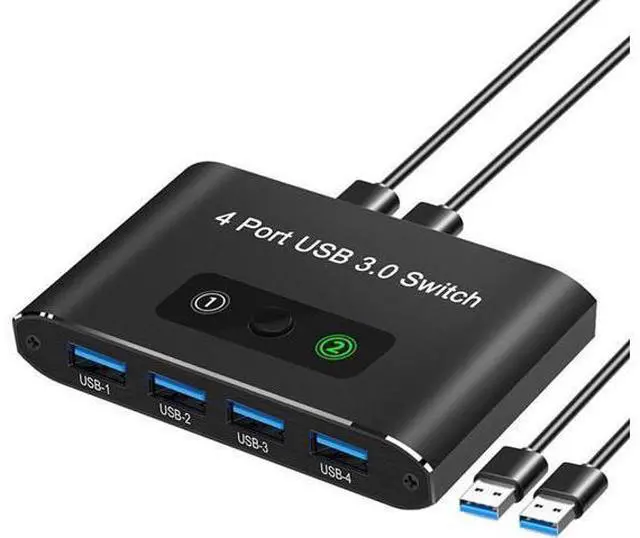 Main image of 2 in 4 Out USB Switch, USB 3.0 Switch, Aluminum KM Switch 2 Computers Sharing 4 USB Devices KM Switches 5V USB-C Powered for PC Printer Scanner Mouse Keyboard with 2 USB 3.0 Cable, One Button Switch