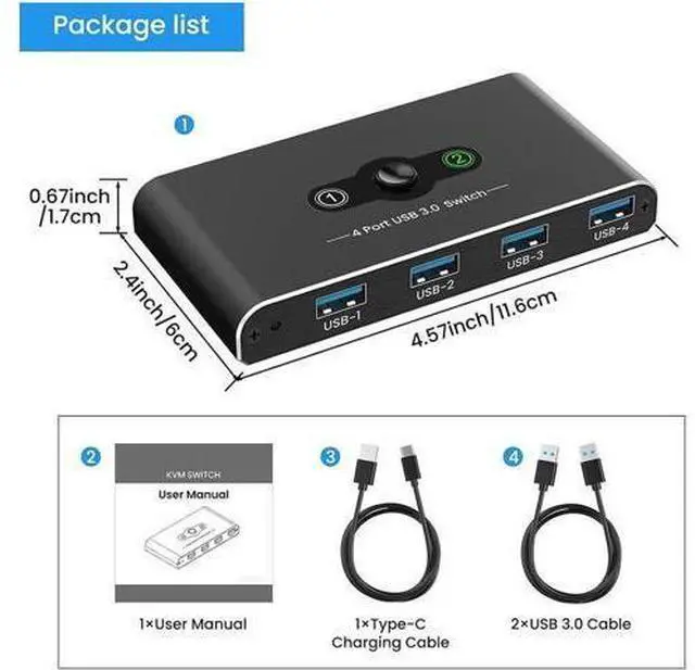 Alt view image 7 of 7 - 2 in 4 Out USB Switch, USB 3.0 Switch, Aluminum KM Switch 2 Computers Sharing 4 USB Devices KM Switches 5V USB-C Powered for PC Printer Scanner Mouse Keyboard with 2 USB 3.0 Cable, One Button Switch