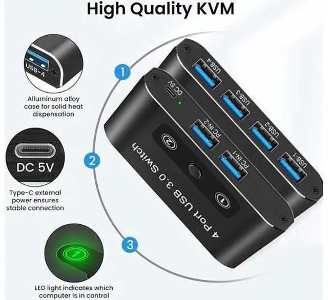 Alt view image 6 of 7 - 2 in 4 Out USB Switch, USB 3.0 Switch, Aluminum KM Switch 2 Computers Sharing 4 USB Devices KM Switches 5V USB-C Powered for PC Printer Scanner Mouse Keyboard with 2 USB 3.0 Cable, One Button Switch