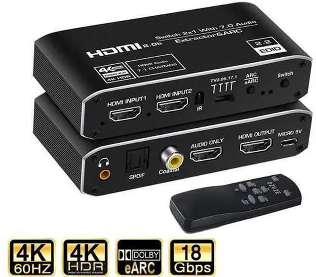 Main image of 2x1 HDMI Switch Audio Extractor, 4K Hdmi Audio Extractor Switcher, HDMI to HDMI +Audio(Optical/Coaxial/ 3.5mm Audio Jack), HDMI 4K@60hz Video Audio Converter Adapter for PS4, Xbox,TV