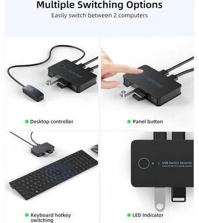 Alt view image 4 of 7 - USB 3.0 Switch 2 in 4 Ouit, USB Switcher for 2 Computers Share 4 USB for Printer Keyboard Mouse, Scanner, USB KVM Switch Selector with 2 USB 3.0 Cables, Support Hotkey/Button/Wired Remote Switching