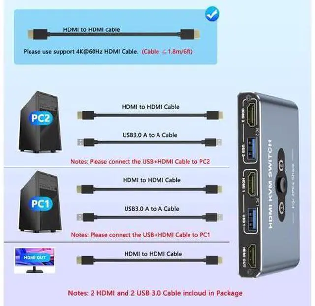 Alt view image 6 of 7 - KVM Switch, KVM Switch 1 Monitors 2 Computers, HDMI Switch, 4K@60Hz KVM Switches for 2 Computers Sharing 1 Monitor, 4 USB 3.0 Devices Such as Keyboard, Mouse, Printer, Scanner(Grey)