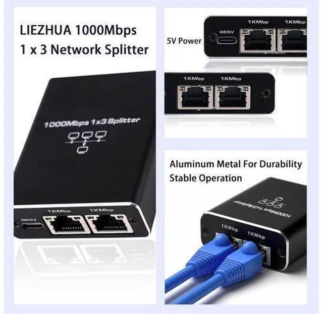 Alt view image 2 of 7 - Ethernet Splitter High Speed, 1000Mbps Ethernet Splitter 1 to 3 , Gigabit Internet Splitter with USB Power Cable, LAN Splitter for Cat 5/5e/6/7/8 Cable (3 Devices Simultaneous Networking)