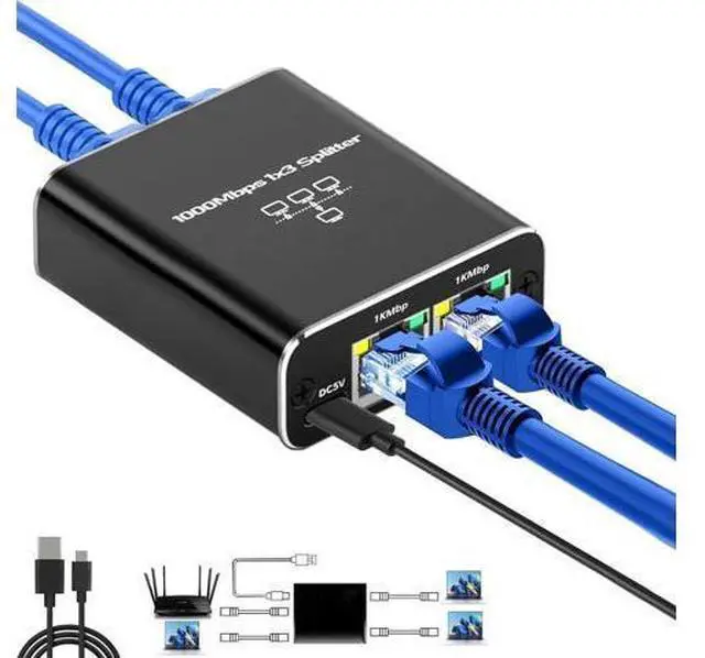 Main image of Ethernet Splitter High Speed, 1000Mbps Ethernet Splitter 1 to 3 , Gigabit Internet Splitter with USB Power Cable, LAN Splitter for Cat 5/5e/6/7/8 Cable (3 Devices Simultaneous Networking)
