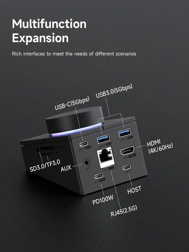 Alt view image 2 of 7 - Knob USB C Hub with Shortcut Buttons, RGB Type-C Docking Station with 4K@60Hz HDMI, 100W PD, 5Gbps USB-C, 2 USB3.0, 2.5G RJ45, AUX, SD3.0, Micro SD3.0 for MacBook iPad Pro Laptop (Black 2.5G)