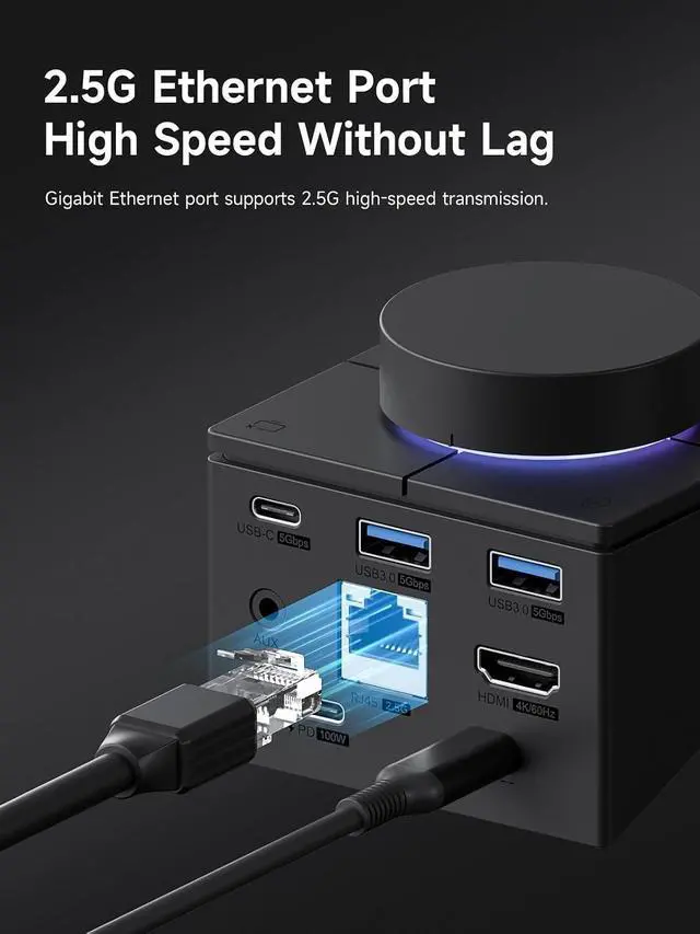 Alt view image 7 of 7 - Knob USB C Hub with Shortcut Buttons, RGB Type-C Docking Station with 4K@60Hz HDMI, 100W PD, 5Gbps USB-C, 2 USB3.0, 2.5G RJ45, AUX, SD3.0, Micro SD3.0 for MacBook iPad Pro Laptop (Black 2.5G)