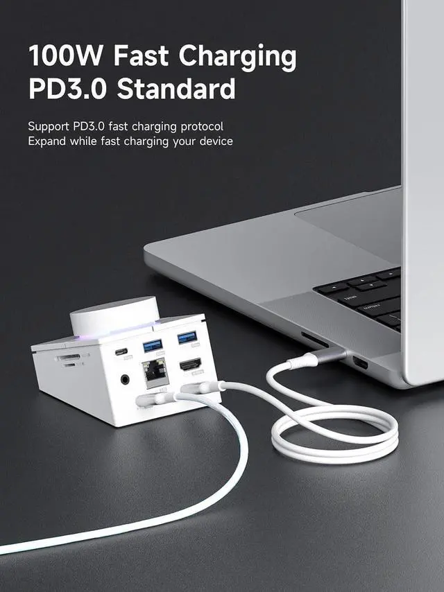 Alt view image 5 of 7 - Knob USB C Hub with Shortcut Buttons, RGB Type-C Docking Station with 4K@60Hz HDMI, 100W PD, 5Gbps USB-C, 2 USB3.0, 2.5G RJ45, AUX, SD3.0, Micro SD3.0 for MacBook iPad Pro Laptop (White 2.5G)
