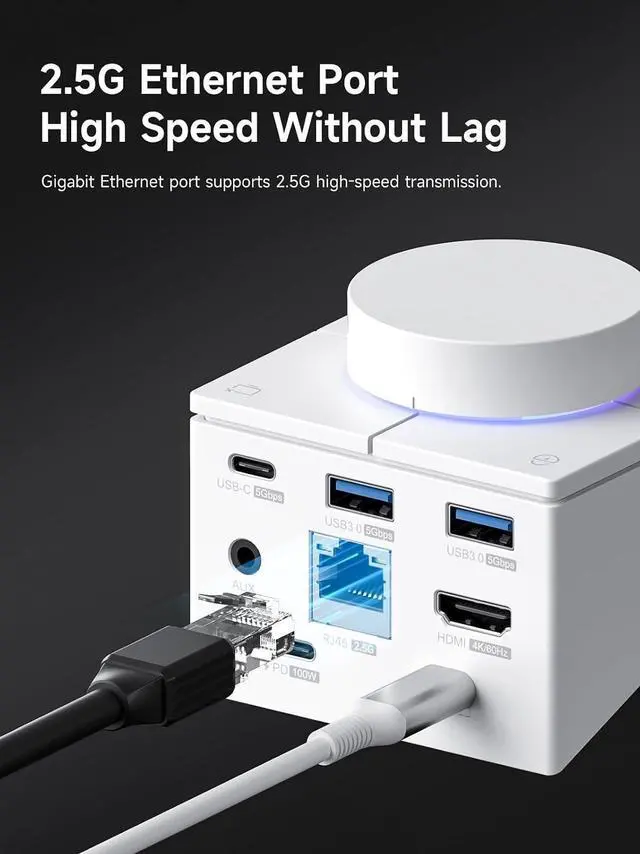 Alt view image 7 of 7 - Knob USB C Hub with Shortcut Buttons, RGB Type-C Docking Station with 4K@60Hz HDMI, 100W PD, 5Gbps USB-C, 2 USB3.0, 2.5G RJ45, AUX, SD3.0, Micro SD3.0 for MacBook iPad Pro Laptop (White 2.5G)