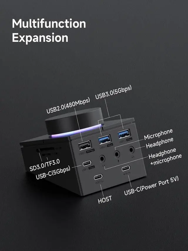 Alt view image 2 of 7 - Knob USB C Hub with Shortcut Buttons, RGB Type-C Docking Station with 5Gbps USB-C, 2 USB3.0, 3.5mm Jack, SD/Micro SD3.0, USB2.0 for MacBook iPad Pro Laptop (Black AG)