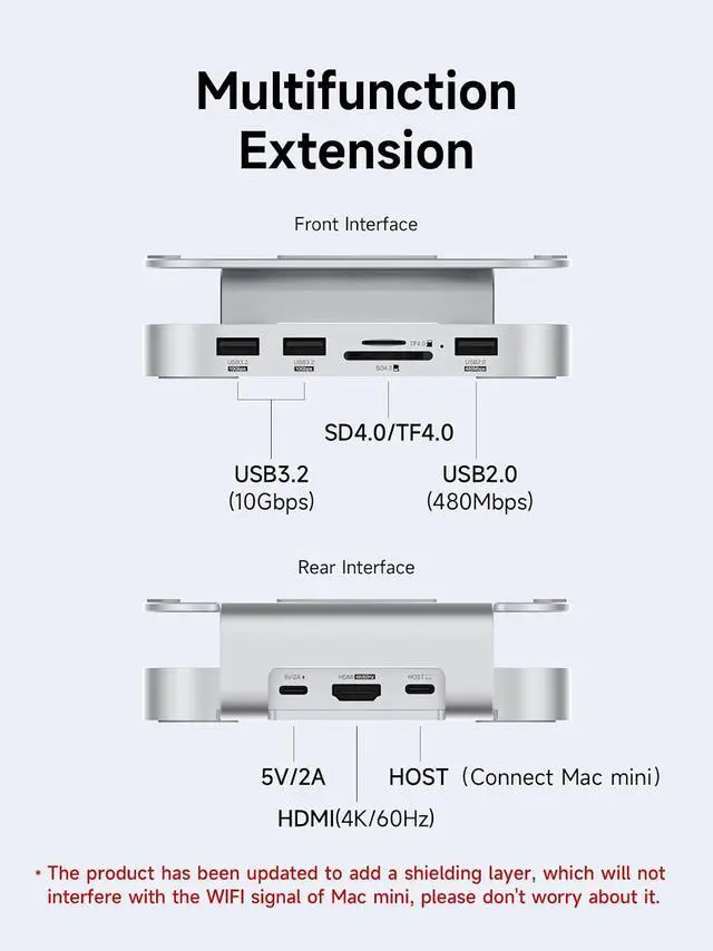Alt view image 2 of 7 - Mac mini M4 Hub & Stand with SSD Enclosure, 3 in 1 USB Type-C Docking Station with M.2 NVMe SSD Case, 4K@60Hz HDMI, 10Gbps USB3.2 Gen2, SD4.0, TF4.0, 5V/2A Power Supply for M4 Pro (MC60H)