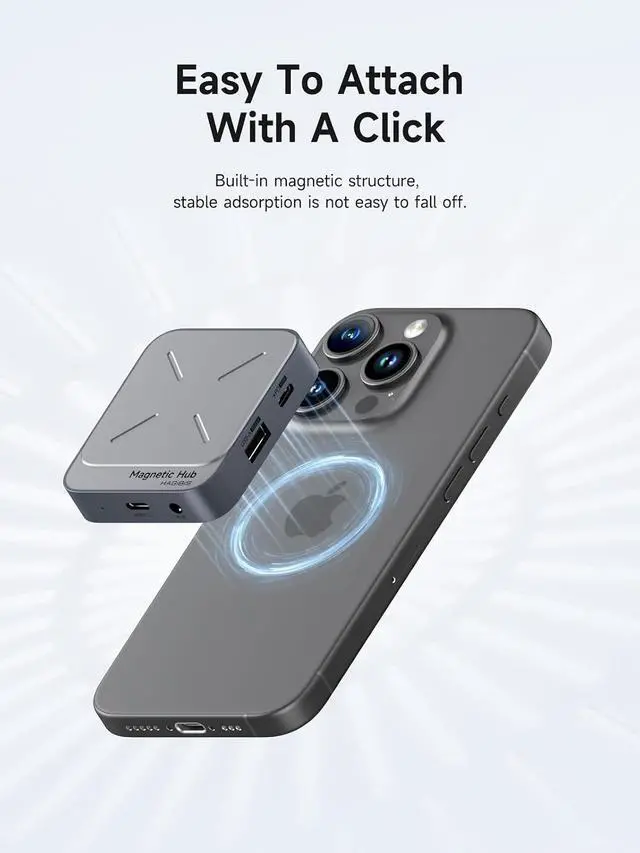 Alt view image 3 of 7 - Magnetic USB C Hub with Magsafe for iPhone 17 16 15 Pro Max, 7 in 1 Type-C Docking Station 4K@60Hz HDMI SD3.0 TF3.0 Card Solt 100W PD 10Gbps USB-C AUX for MacBook Pro Air, iPad Pro (TC100)