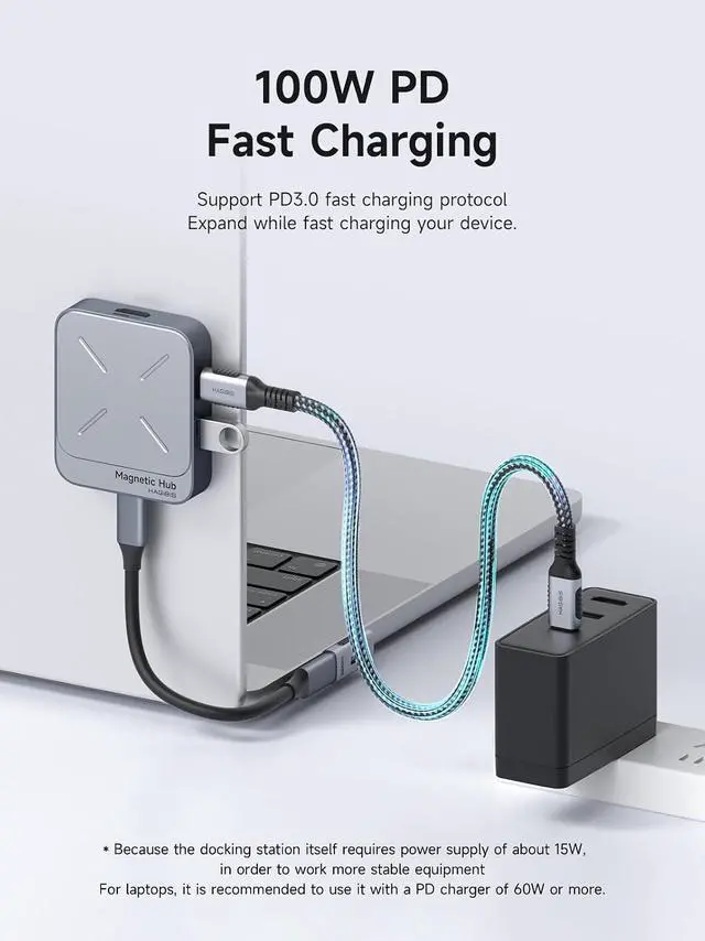 Alt view image 5 of 7 - Magnetic USB C Hub with Magsafe for iPhone 17 16 15 Pro Max, 7 in 1 Type-C Docking Station 4K@60Hz HDMI SD3.0 TF3.0 Card Solt 100W PD 10Gbps USB-C AUX for MacBook Pro Air, iPad Pro (TC100)
