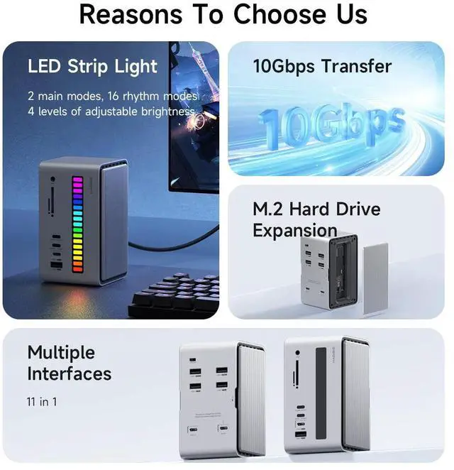 Alt view image 2 of 7 - USB C Docking Station with M.2 NVMe/SATA SSD Enclosure Adapter, LED Strip Light USB 3.2 Gen 2 (10 Gbps) to PCI-E M-Key/(B+M) Key Support UASP for NVMe/SATA SSDs for MacBook Pro