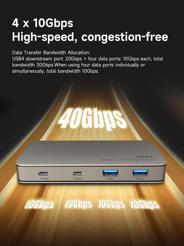 Alt view image 4 of 7 - USB4 Docking Station, 40Gbps USB C Triple Display Hub with 8K@60Hz HDMI, 100W PD, 20Gbps DP1.4 7.5W USB4 Downstream Port and 4 10Gbps USB3.2 for MacBook Pro Air Laptops Thunderbolt 4/5 Dock