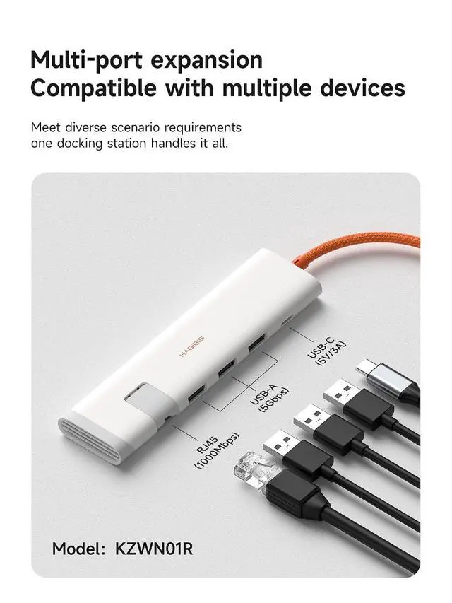 Alt view image 2 of 7 - USB-C Hub, 5 in 1 Multiport USB C Splitter Ultra Slim Heat Dissipation Docking Station with 1000Mbps RJ45, USB3.0 * 3 and 5V/3A Power Supply for MacBook Laptops iPad External SSDs (KZWN01R)