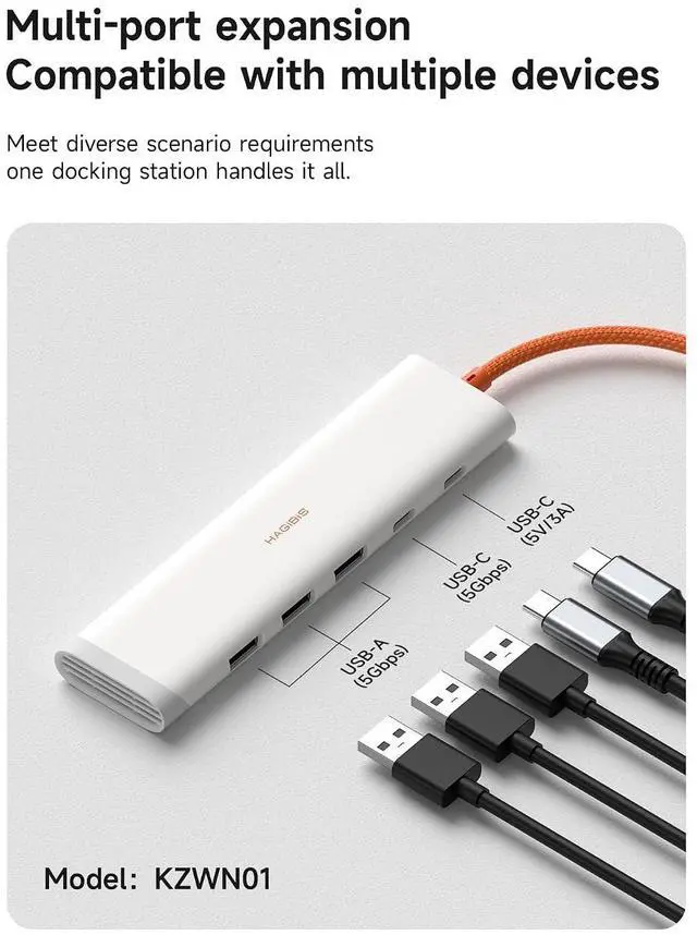 Alt view image 2 of 7 - USB-C Hub, 5 in 1 Multiport USB C Splitter Ultra Slim Heat Dissipation Docking Station with USB3.0 * 3, 5Gbps USB-C Port and 5V/3A Power Supply for MacBook Laptops iPad External SSDs (KZWN01)