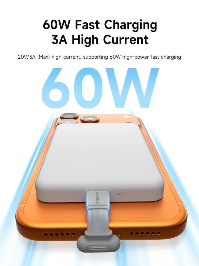 Alt view image 2 of 7 - 180 Degree U-Type USB-C Cable, Short Flat 60W 20V/3A Fast Charging Cable, 480Mbps Data Transfer for iPhone 17 16 Pro Max, Galaxy S25 Ultra S25+, Power Bank, Cooling Fan (Grey, 0.11ft)