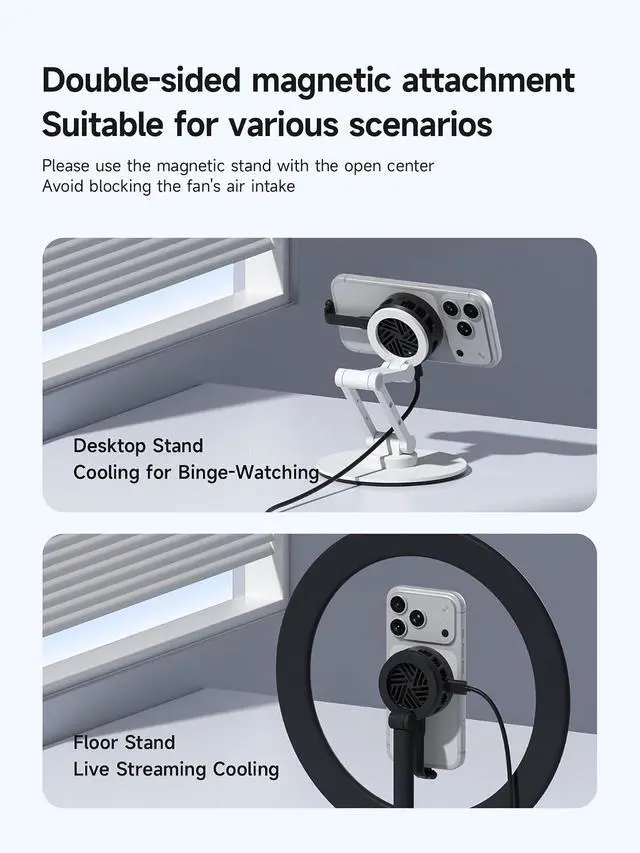 Alt view image 4 of 7 - Magnetic Cell Phone Cooler with 60W PD Fast Charging Port, Double-Sided Magnetic Semiconductor Cooling Fan, No Noise Phone Radiator for iPhone 17 16 15 Pro Max, Android, Tablet (Black)