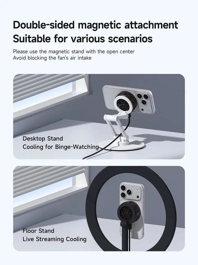 Alt view image 4 of 7 - Magnetic Cell Phone Cooler, Double-Sided Magnetic Semiconductor Cooling Fan, No Noise Radiator for iPhone 17 16 15 Pro Max, Android, Tablet (Black Without PD)