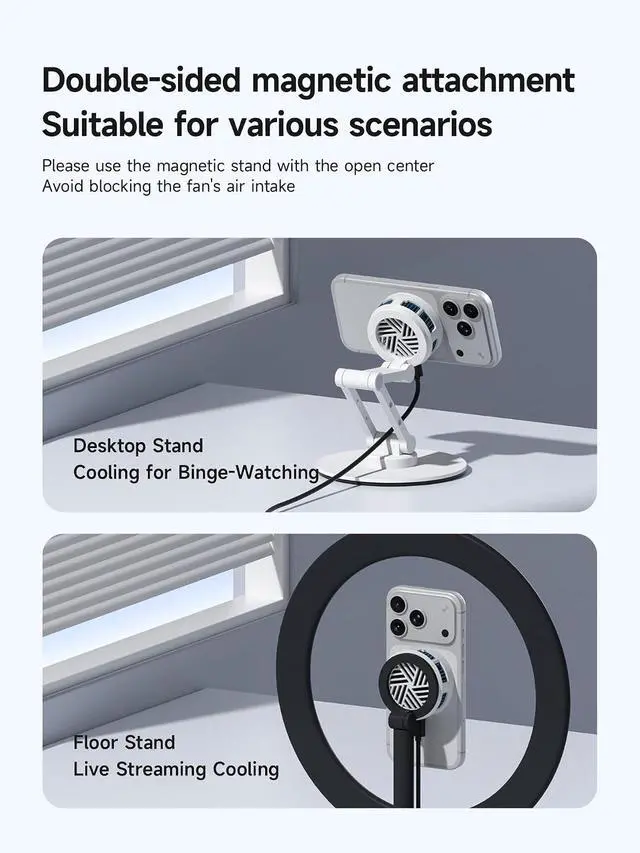 Alt view image 4 of 7 - Magnetic Cell Phone Cooler, Double-Sided Magnetic Semiconductor Cooling Fan, No Noise Radiator for iPhone 17 16 15 Pro Max, Android, Tablet (White Without PD)