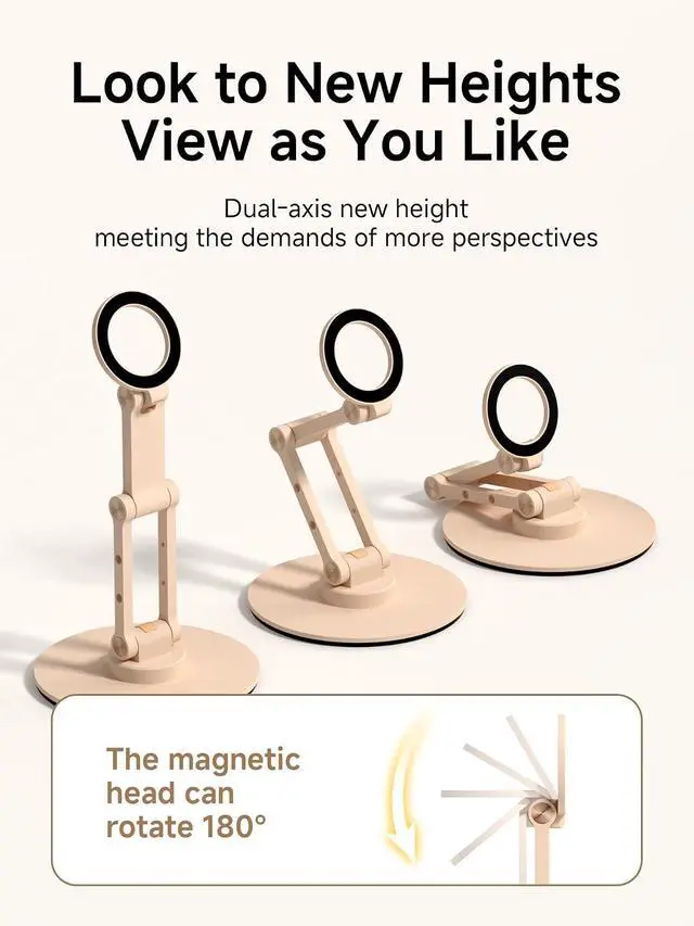 Alt view image 4 of 7 - Magnetic Phone Stand for MagSafe 360° Rotation Foldable Triaxial Aluminum Desk Phone Holder Height Adjustable for iPhone 17 16 15 Pro Max (Pink)