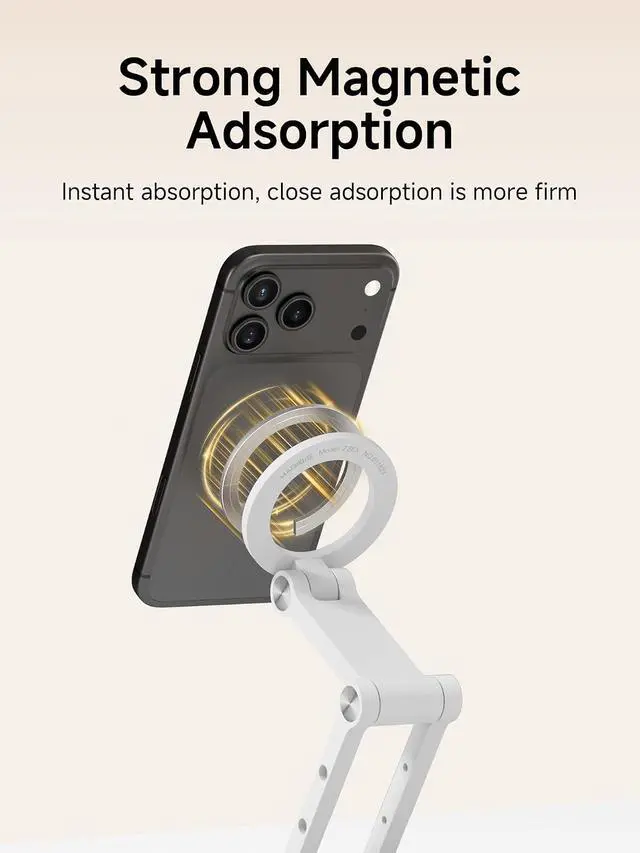 Alt view image 2 of 7 - Magnetic Phone Stand for MagSafe 360° Rotation Foldable Triaxial Aluminum Desk Phone Holder Height Adjustable for iPhone 17 16 15 Pro Max (White)