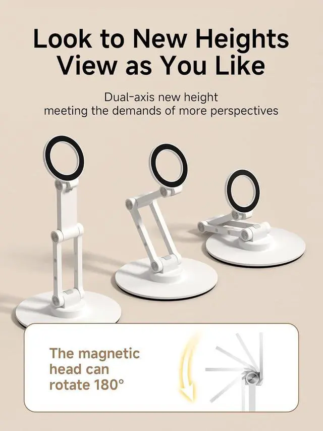 Alt view image 4 of 7 - Magnetic Phone Stand for MagSafe 360° Rotation Foldable Triaxial Aluminum Desk Phone Holder Height Adjustable for iPhone 17 16 15 Pro Max (White)