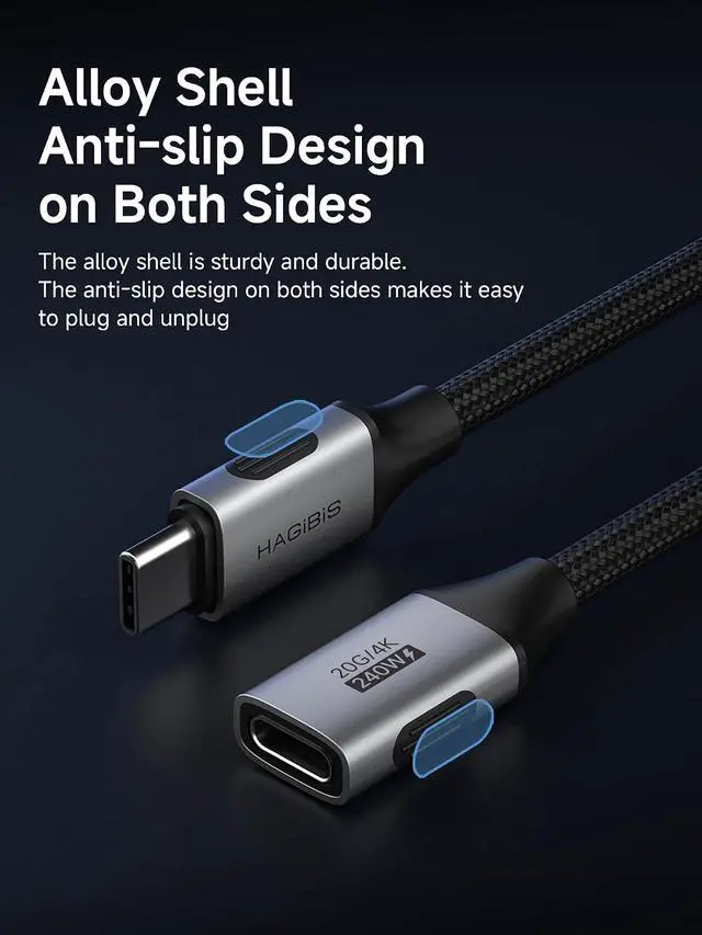 Alt view image 7 of 7 - USB C Extension Cable, Braided USB Type C Male to Female Extender Cord, 20Gbps 240W 4K@60Hz Fast Charging for iPhone 17 16 15 Pro Max, iPad Pro, Laptop, Switch, Steam Deck, ROG (3.3FT)