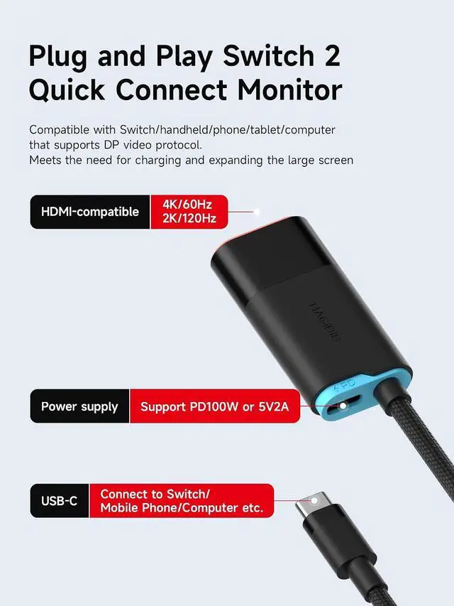 Alt view image 2 of 7 - Switch 2 Dock, USB C Male to HDMI Cable with 4K@60Hz HDMI, 100W PD, Portable Travel TV Dock Type-C to HDMI Adapter for Laptop, Tablet, Switch, SteamDeck, ROG Ally (Male to Female 4K@60Hz)