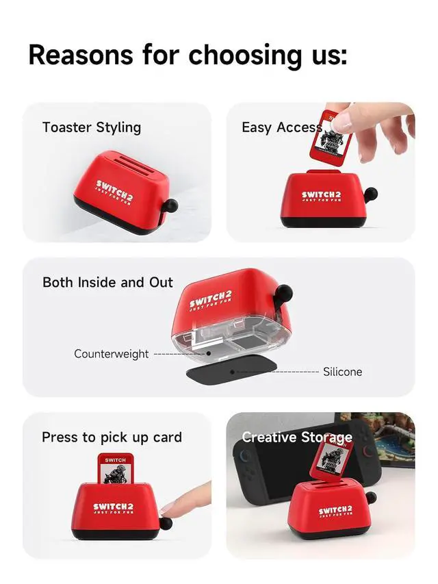 Alt view image 5 of 7 - Switch Game Case Holder Compatible with Nintendo Switch Games Cards, Portable Cute Toaster Strorage Holder Storage 2 Switch Game Cartridge (Red)
