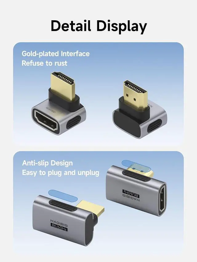 Alt view image 5 of 7 - HDMI to HDMI Adapter 2 Pack, 8K@60Hz 4K@240Hz L-Shaped 90 Degree Right Angle HDMI 2.1 Male to Female Extension Connector Conventer for Laptop, PC, Monitor, PS5/4, Xbox, TV (Middle Back)