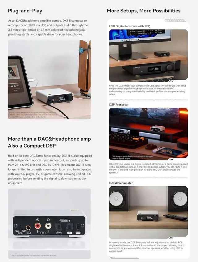 Alt view image 3 of 7 - DX1 II Game HiFi DAC Headphone amp - ES9039Q2M DAC 1000mWx2 Fully Balacnced Headphone Amplifier Preamp Gaming Headset Compatible (White)
